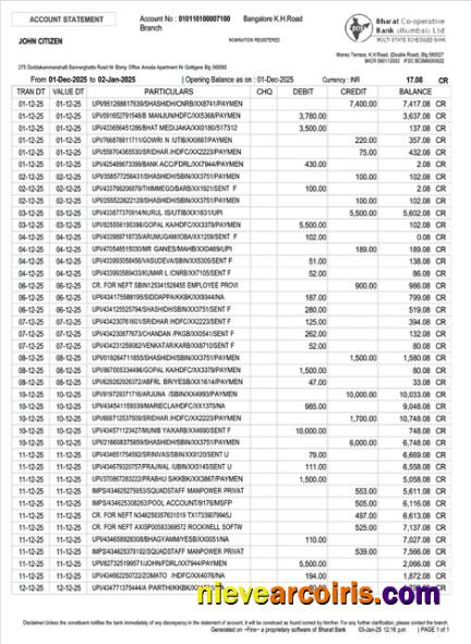 India Bharat Co-operative Bank account statement Word and PDF